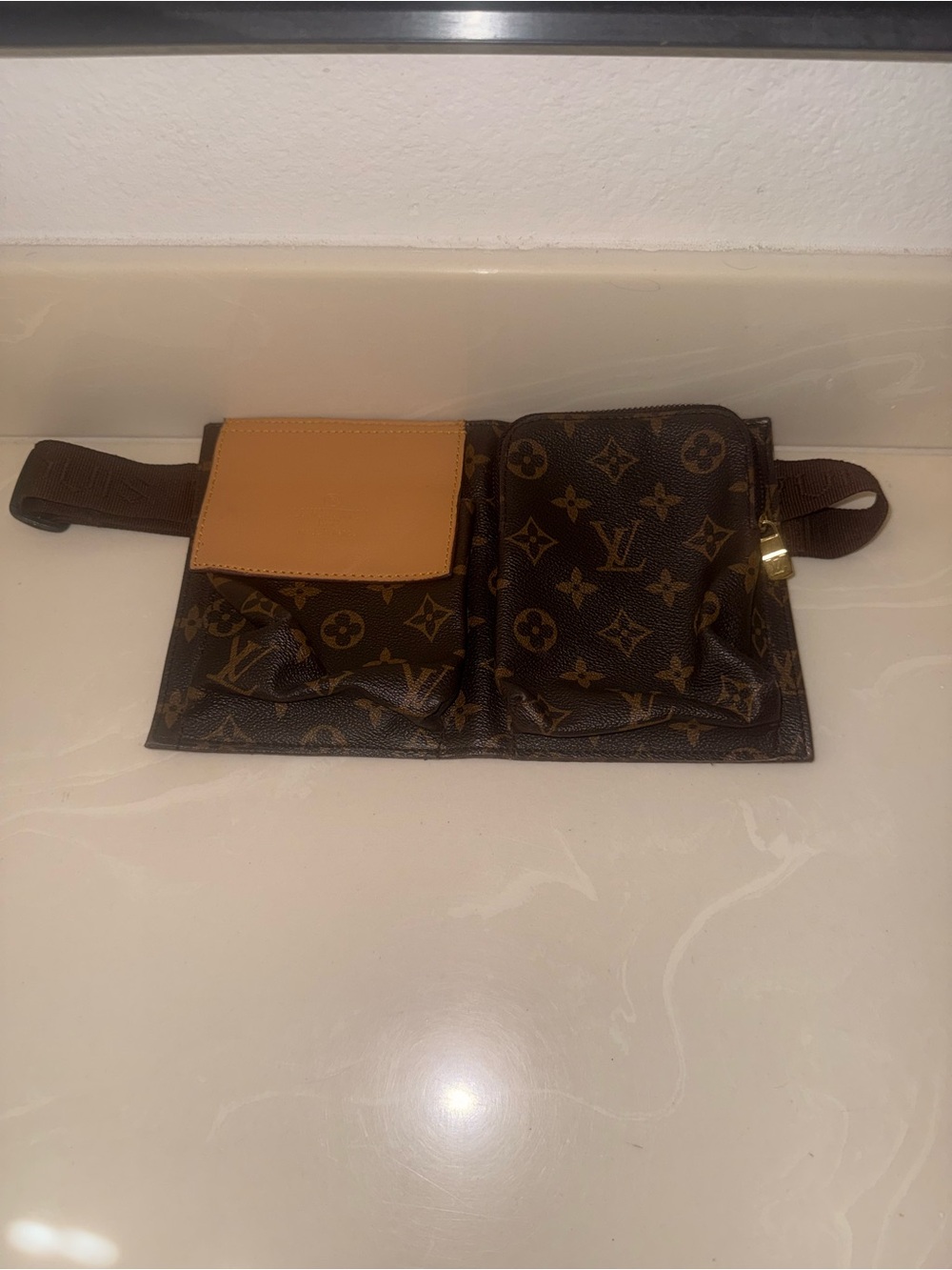 Monogram inspired Canvas Dual Pocket Belt Bag in Brown and Tan.
